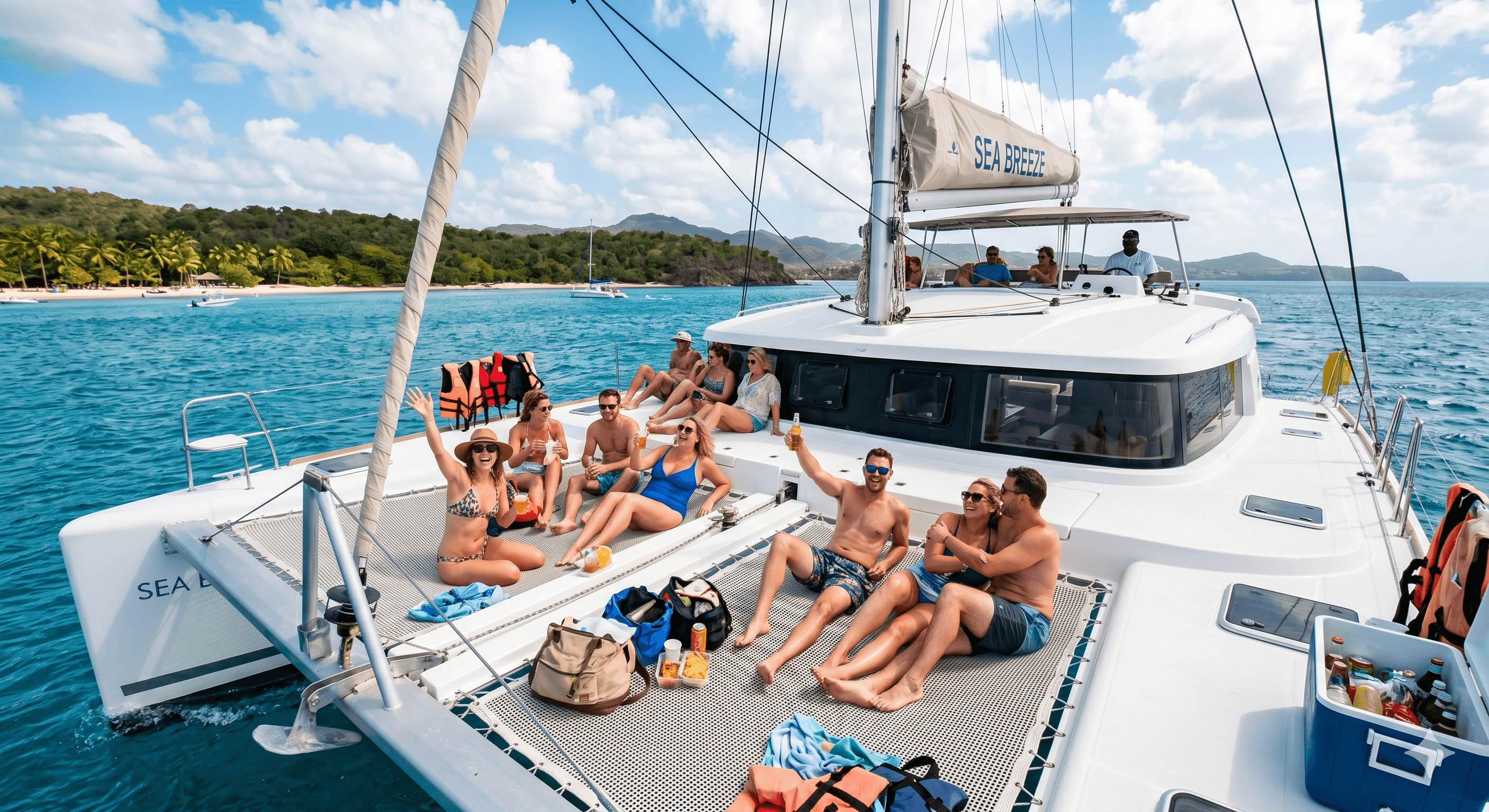 Catamarán al atardecer con grupo a bordo