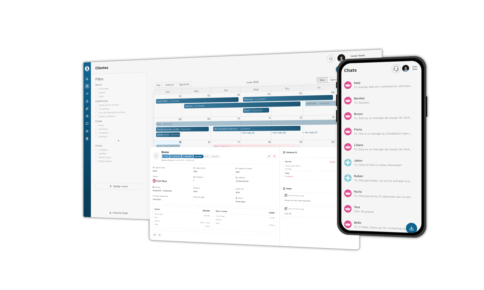 Interfaz de SolNow mostrando calendario sincronizado y gestión de reservas de barcos